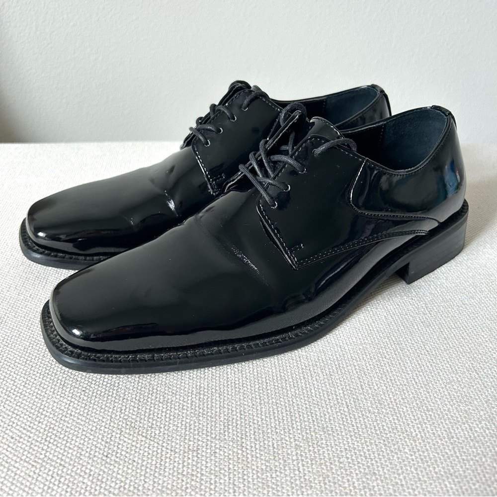 Stafford Essentials Mens Black Patent Leather Lace Up Oxfords Size 9